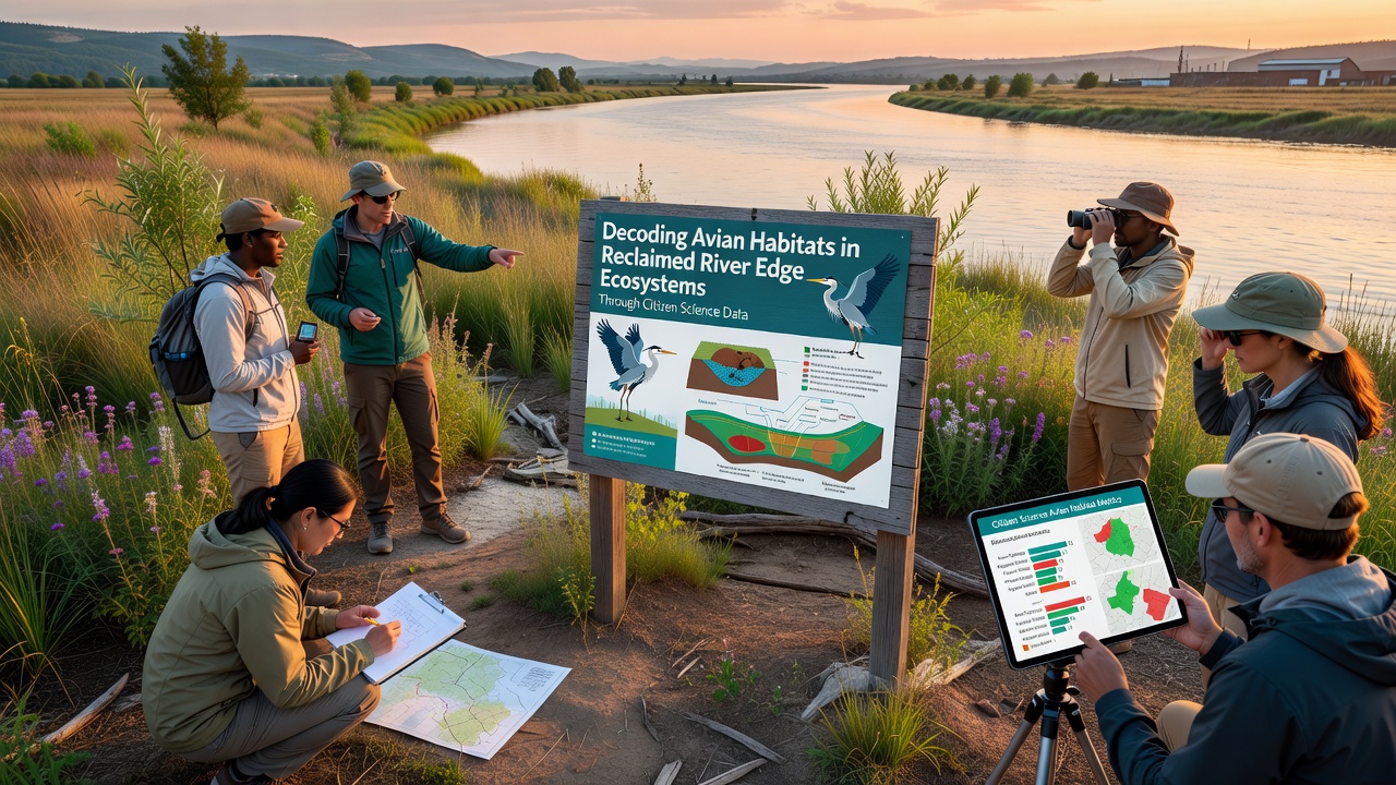 Close-up of citizen scientists using binoculars and tablets to record bird observations at a river restoration site