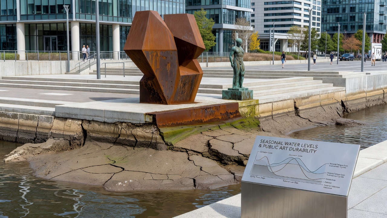 Close view of weathered metal public art base with rust and sediment deposits from water level changes