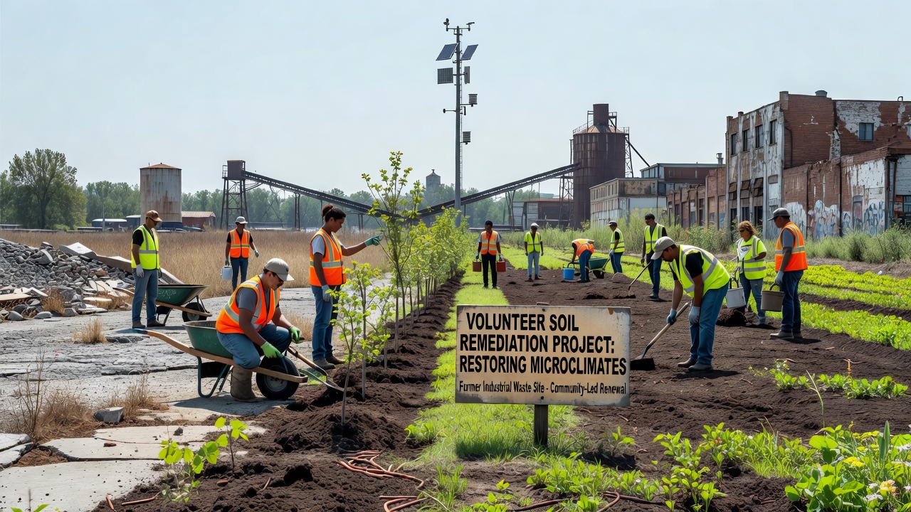 Sensor equipment monitoring temperature and humidity changes along a restored industrial riverbank