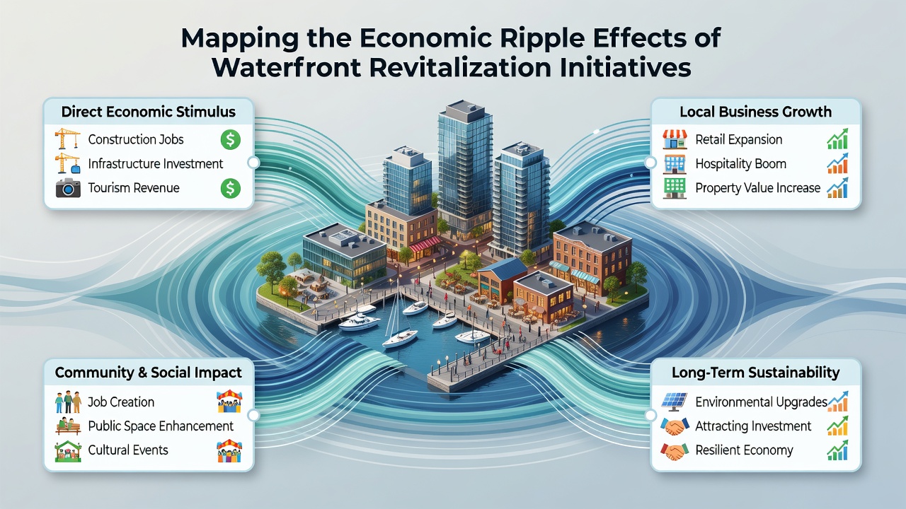 Infographic displaying economic multiplier flows from waterfront projects into local employment, tax revenue, and tourism sectors